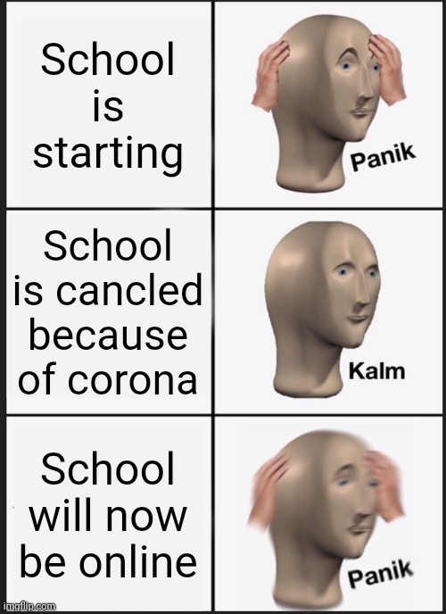 School :( | School is starting; School is cancled because of corona; School will now be online | image tagged in memes,panik kalm panik | made w/ Imgflip meme maker