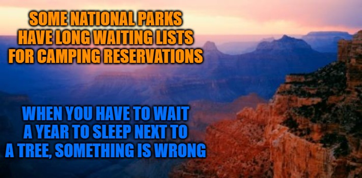 motivation | SOME NATIONAL PARKS HAVE LONG WAITING LISTS FOR CAMPING RESERVATIONS; WHEN YOU HAVE TO WAIT A YEAR TO SLEEP NEXT TO A TREE, SOMETHING IS WRONG | image tagged in motivation | made w/ Imgflip meme maker