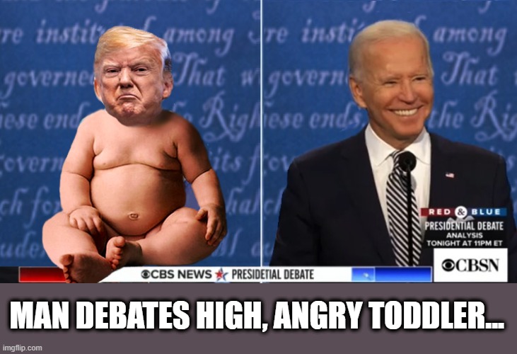 WET & HANGRY - 2020 | MAN DEBATES HIGH, ANGRY TODDLER... | image tagged in trump is a moron,donald trump is an idiot,election 2020,joe biden | made w/ Imgflip meme maker