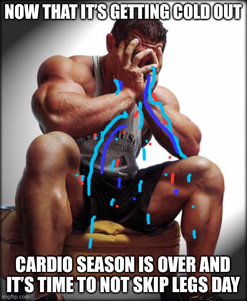 Depressed Bodybuilder |  NOW THAT IT’S GETTING COLD OUT; CARDIO SEASON IS OVER AND IT’S TIME TO NOT SKIP LEGS DAY | image tagged in depressed bodybuilder | made w/ Imgflip meme maker