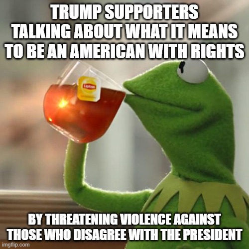 But That's None Of My Business | TRUMP SUPPORTERS TALKING ABOUT WHAT IT MEANS TO BE AN AMERICAN WITH RIGHTS; BY THREATENING VIOLENCE AGAINST THOSE WHO DISAGREE WITH THE PRESIDENT | image tagged in memes,but that's none of my business,kermit the frog | made w/ Imgflip meme maker