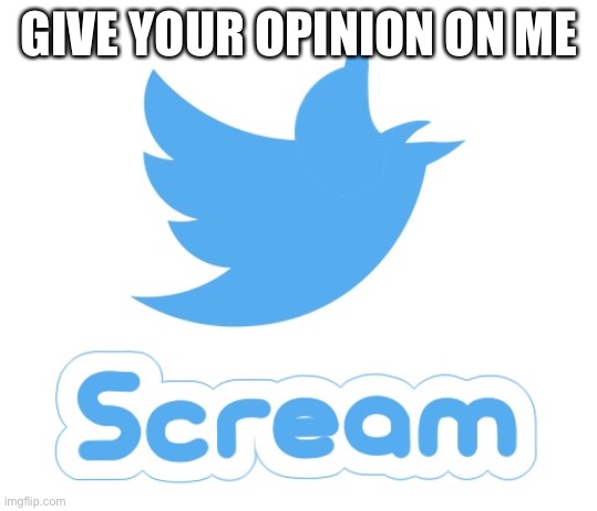 Twitter scream | GIVE YOUR OPINION ON ME | image tagged in twitter scream | made w/ Imgflip meme maker