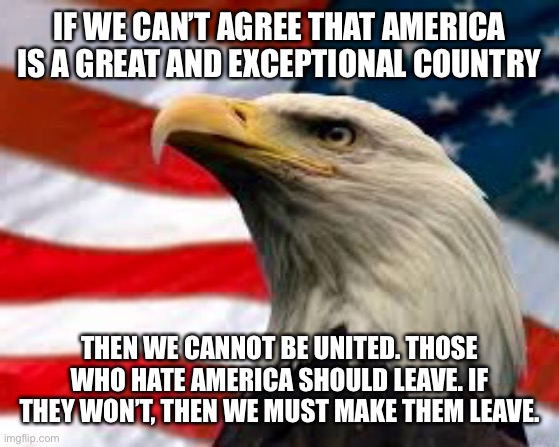 Divided we fall |  IF WE CAN’T AGREE THAT AMERICA IS A GREAT AND EXCEPTIONAL COUNTRY; THEN WE CANNOT BE UNITED. THOSE WHO HATE AMERICA SHOULD LEAVE. IF THEY WON’T, THEN WE MUST MAKE THEM LEAVE. | image tagged in murica patriotic eagle,haters gonna hate,party of hate,communist socialist,angry sjw,sjw triggered | made w/ Imgflip meme maker