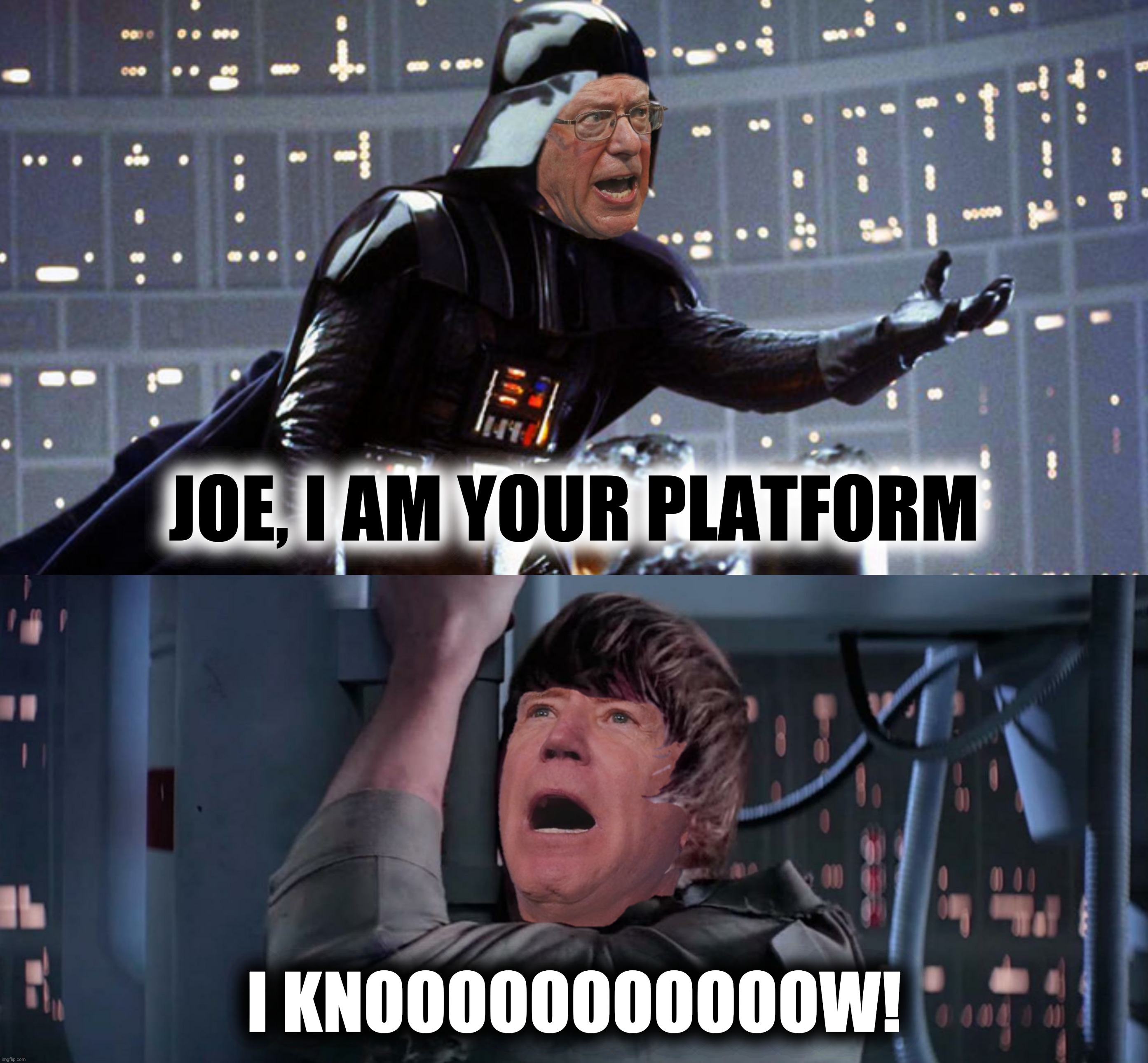 The left can have a strong influence on the weak-minded | JOE, I AM YOUR PLATFORM; I KNOOOOOOOOOOOW! | image tagged in bad photoshop,star wars,bernie sanders,joe biden | made w/ Imgflip meme maker