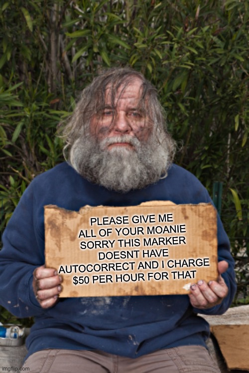 Blak Homeless Sign | PLEASE GIVE ME ALL OF YOUR MOANIE SORRY THIS MARKER DOESNT HAVE AUTOCORRECT AND I CHARGE $50 PER HOUR FOR THAT | image tagged in blak homeless sign | made w/ Imgflip meme maker