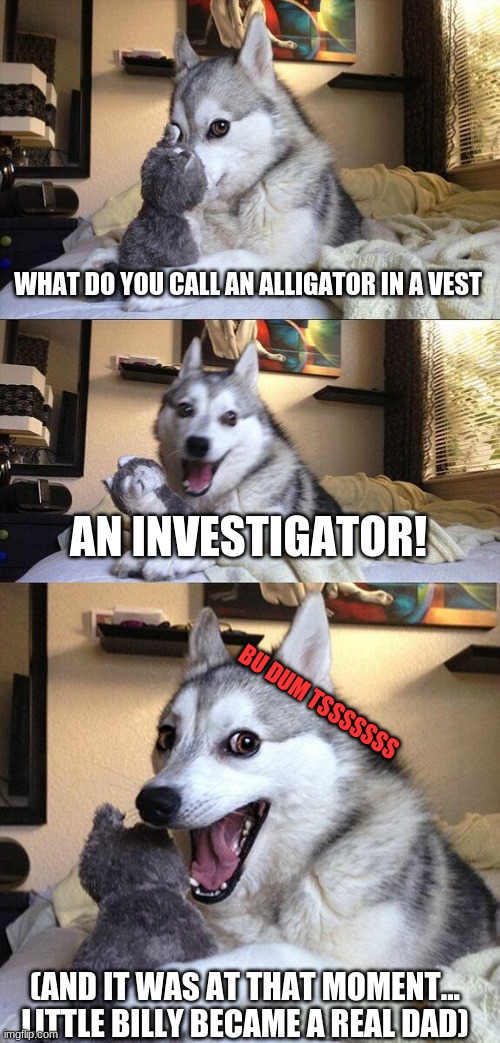 Bad Pun Dog | WHAT DO YOU CALL AN ALLIGATOR IN A VEST; AN INVESTIGATOR! BU DUM TSSSSSSS; (AND IT WAS AT THAT MOMENT... LITTLE BILLY BECAME A REAL DAD) | image tagged in memes,bad pun dog | made w/ Imgflip meme maker