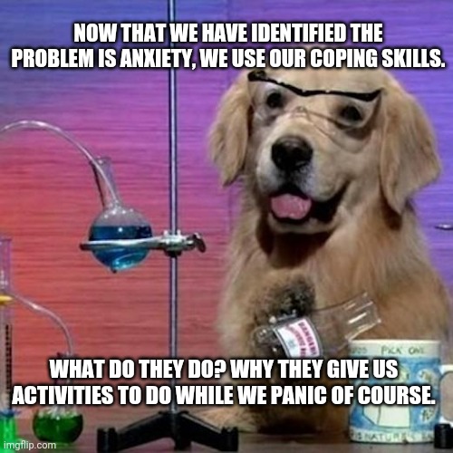 Dog halps | NOW THAT WE HAVE IDENTIFIED THE PROBLEM IS ANXIETY, WE USE OUR COPING SKILLS. WHAT DO THEY DO? WHY THEY GIVE US ACTIVITIES TO DO WHILE WE PANIC OF COURSE. | image tagged in memes,i have no idea what i am doing dog | made w/ Imgflip meme maker