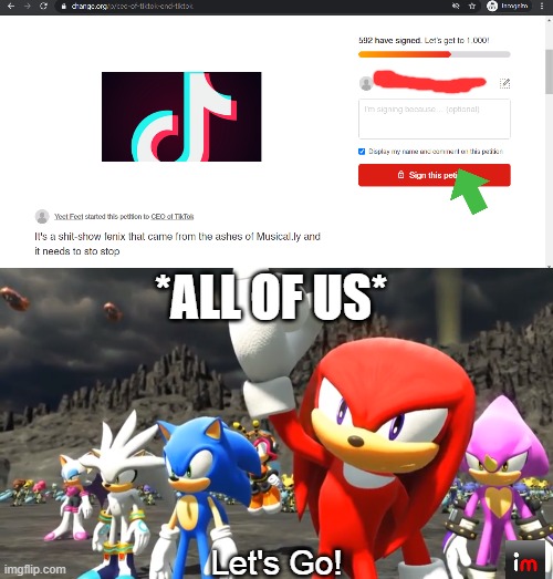 The Final Battle Has Begun | *ALL OF US*; Let's Go! | image tagged in memes,funny,petition,sonic forces,battle,tiktok | made w/ Imgflip meme maker