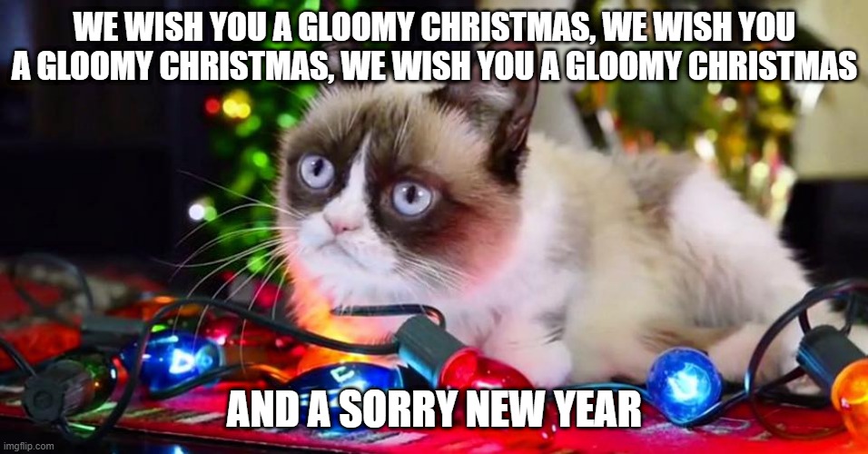 Grumpy Cat Christmas Lights | WE WISH YOU A GLOOMY CHRISTMAS, WE WISH YOU A GLOOMY CHRISTMAS, WE WISH YOU A GLOOMY CHRISTMAS; AND A SORRY NEW YEAR | image tagged in grumpy cat christmas lights,memes,grumpy cat christmas,cats,meme,christmas | made w/ Imgflip meme maker