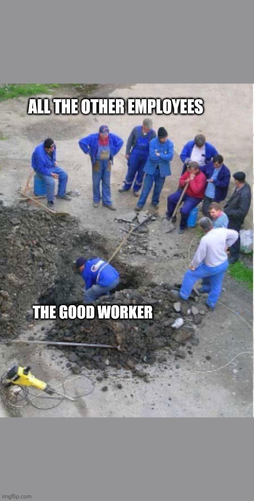 Workers | ALL THE OTHER EMPLOYEES; THE GOOD WORKER | image tagged in construction workers observing | made w/ Imgflip meme maker