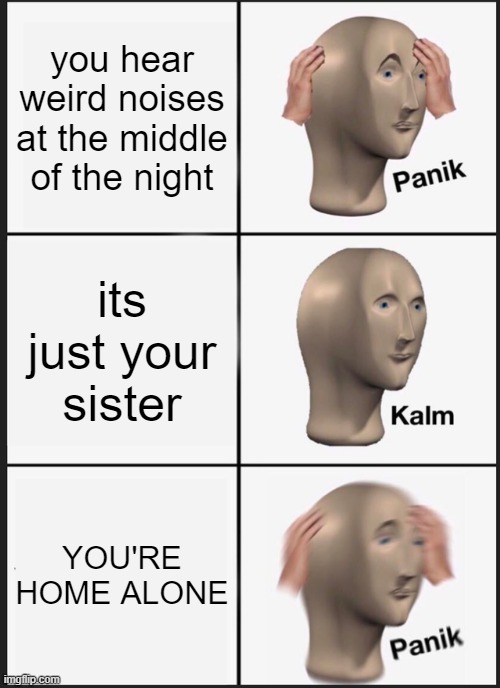 ghost | you hear weird noises at the middle of the night; its just your sister; YOU'RE HOME ALONE | image tagged in memes,panik kalm panik | made w/ Imgflip meme maker