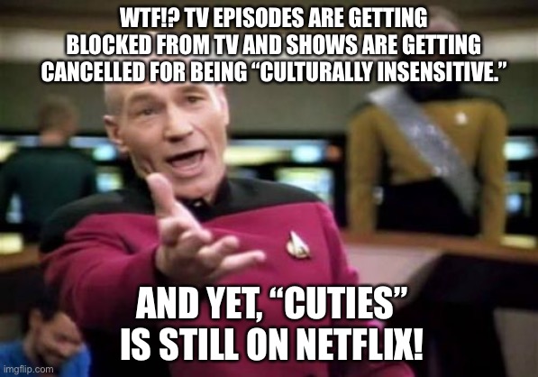 How is Cuties still on Netflix? | WTF!? TV EPISODES ARE GETTING BLOCKED FROM TV AND SHOWS ARE GETTING CANCELLED FOR BEING “CULTURALLY INSENSITIVE.”; AND YET, “CUTIES” IS STILL ON NETFLIX! | image tagged in memes,picard wtf,netflix,pervert,hollywood,stupid | made w/ Imgflip meme maker