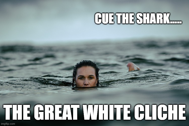 You never see the water at this angle without a fin appearing... | CUE THE SHARK..... THE GREAT WHITE CLICHE | image tagged in memes,funny memes,movies,shark,great white shark,meanwhile on imgflip | made w/ Imgflip meme maker
