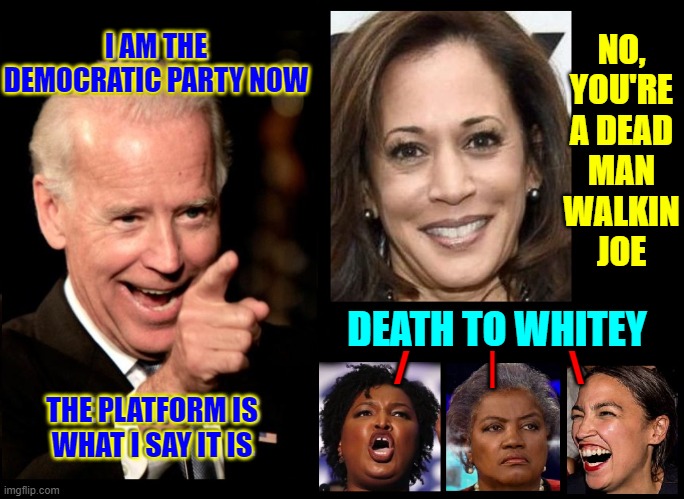 Sad Truth: you're a marked man, Kemosabe | I AM THE
DEMOCRATIC PARTY NOW; NO,
YOU'RE A DEAD
MAN
WALKIN
JOE; DEATH TO WHITEY; /           |          \; THE PLATFORM IS
WHAT I SAY IT IS | image tagged in vince vance,joe biden,kamala harris,donna brazile,alexandria ocasio-cortez,stacey abrams | made w/ Imgflip meme maker