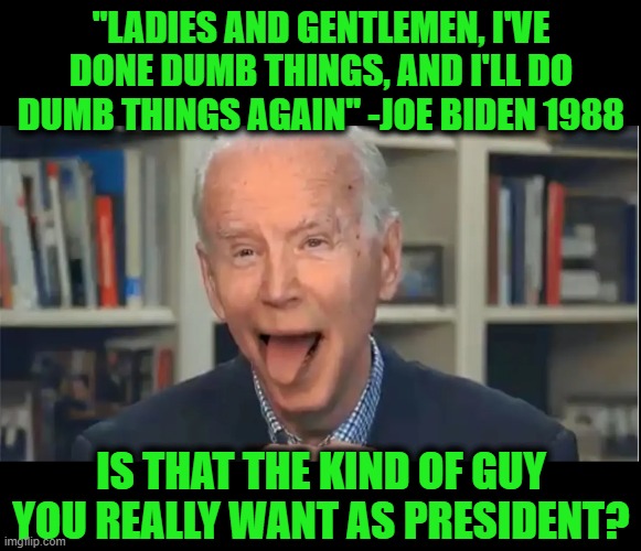 Joe Biden: Self Admitted Idiot | "LADIES AND GENTLEMEN, I'VE DONE DUMB THINGS, AND I'LL DO DUMB THINGS AGAIN" -JOE BIDEN 1988; IS THAT THE KIND OF GUY YOU REALLY WANT AS PRESIDENT? | image tagged in funny,funny memes,memes,mxm,the truth | made w/ Imgflip meme maker