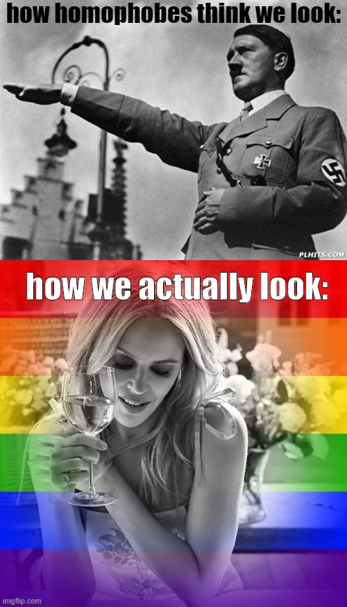 i'm flattered they feel this threatened by us: but no, we're just done having this debate with you. | how homophobes think we look:; how we actually look: | image tagged in hitler,kylie lgbtq wine,lgbt,gay rights,homophobe,homophobic | made w/ Imgflip meme maker