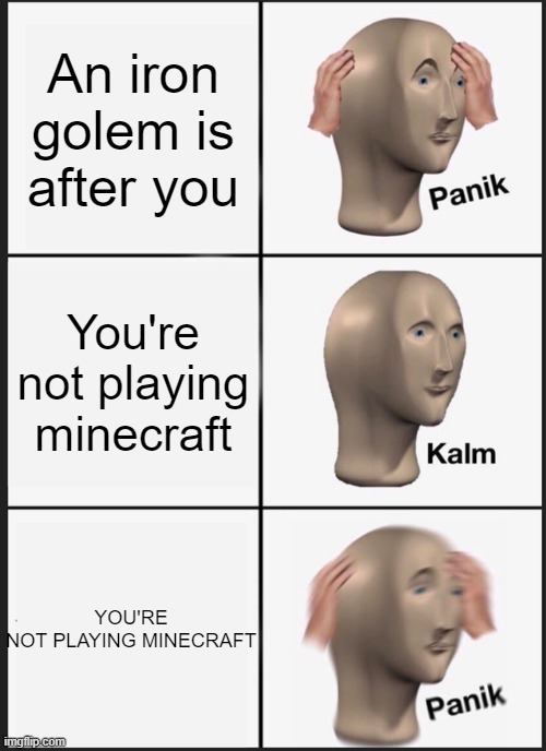 CONFOOSD PANIK | An iron golem is after you; You're not playing minecraft; YOU'RE NOT PLAYING MINECRAFT | image tagged in memes,panik kalm panik | made w/ Imgflip meme maker