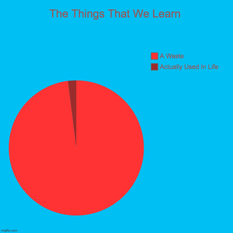 The Things That We Learn... | The Things That We Learn | Actually Used In Life, A Waste | image tagged in charts,pie charts | made w/ Imgflip chart maker