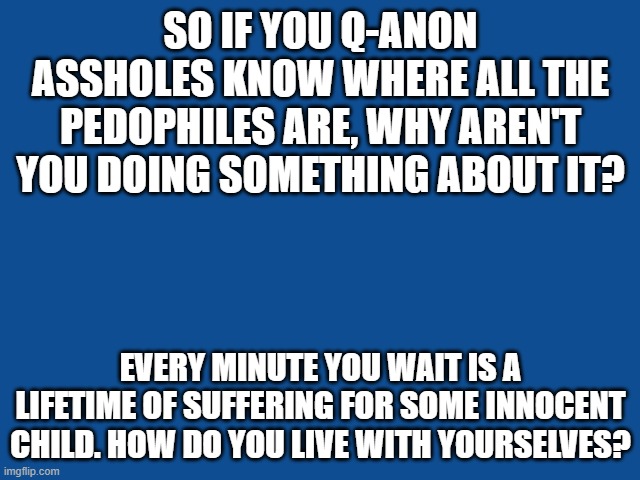 Save the Children | SO IF YOU Q-ANON ASSHOLES KNOW WHERE ALL THE PEDOPHILES ARE, WHY AREN'T YOU DOING SOMETHING ABOUT IT? EVERY MINUTE YOU WAIT IS A LIFETIME OF SUFFERING FOR SOME INNOCENT CHILD. HOW DO YOU LIVE WITH YOURSELVES? | image tagged in slate blue solid color background | made w/ Imgflip meme maker