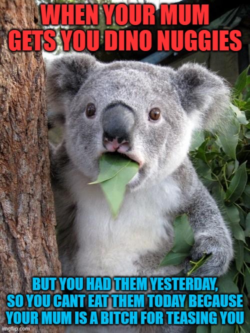 DINO NUGGIES!!!!! | WHEN YOUR MUM GETS YOU DINO NUGGIES; BUT YOU HAD THEM YESTERDAY, SO YOU CANT EAT THEM TODAY BECAUSE YOUR MUM IS A BITCH FOR TEASING YOU | image tagged in memes,surprised koala | made w/ Imgflip meme maker