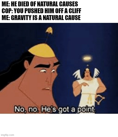 I mean............. | ME: HE DIED OF NATURAL CAUSES
COP: YOU PUSHED HIM OFF A CLIFF
ME: GRAVITY IS A NATURAL CAUSE | image tagged in no no he's got a point | made w/ Imgflip meme maker