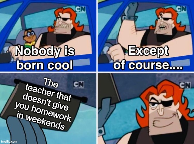 Nobody is born cool | The teacher that doesn't give you homework in weekends | image tagged in nobody is born cool | made w/ Imgflip meme maker