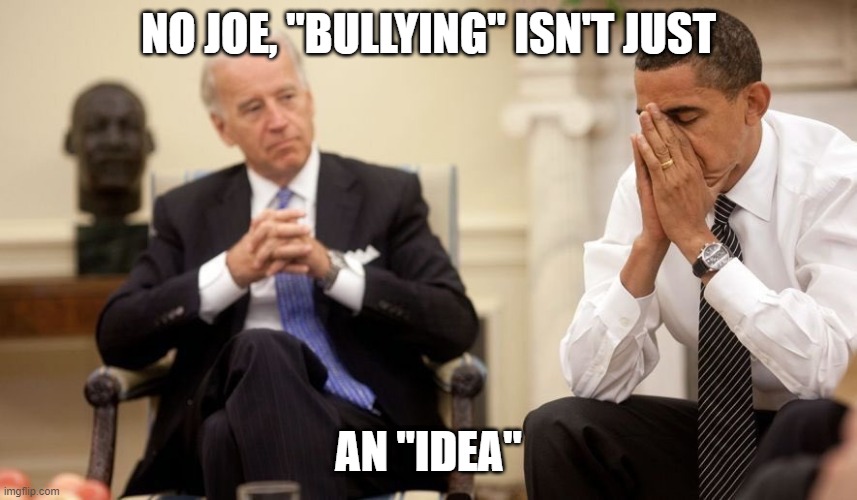 Biden Obama | NO JOE, "BULLYING" ISN'T JUST AN "IDEA" | image tagged in biden obama | made w/ Imgflip meme maker