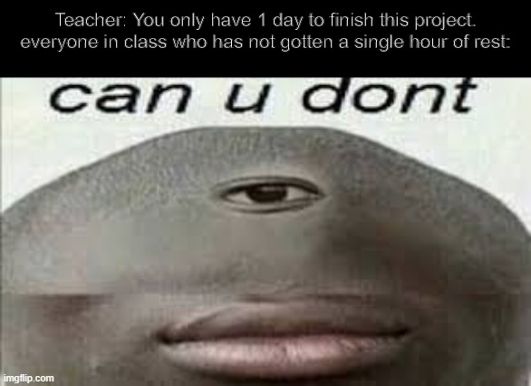 can you do not | Teacher: You only have 1 day to finish this project.
everyone in class who has not gotten a single hour of rest: | image tagged in can you dont | made w/ Imgflip meme maker
