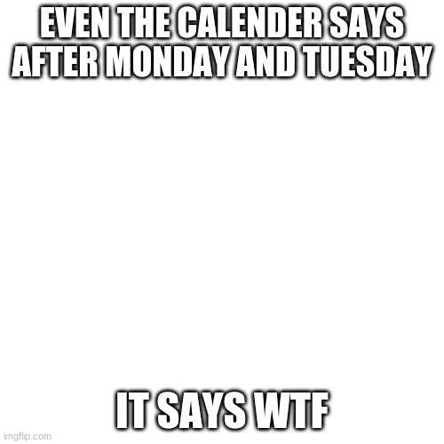 Blank Transparent Square Meme | EVEN THE CALENDER SAYS AFTER MONDAY AND TUESDAY; IT SAYS WTF | image tagged in memes,blank transparent square | made w/ Imgflip meme maker