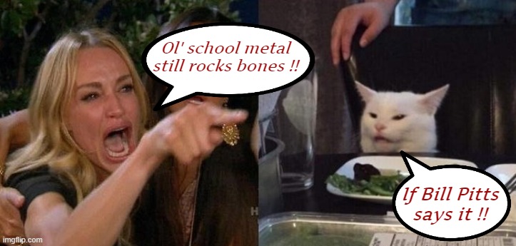 "Heavy Metal Fans for Heavy Metal Group's" on Fb | Ol' school metal
still rocks bones !! If Bill Pitts
says it !! | image tagged in heavy metal,woman yelling at smudge the cat | made w/ Imgflip meme maker