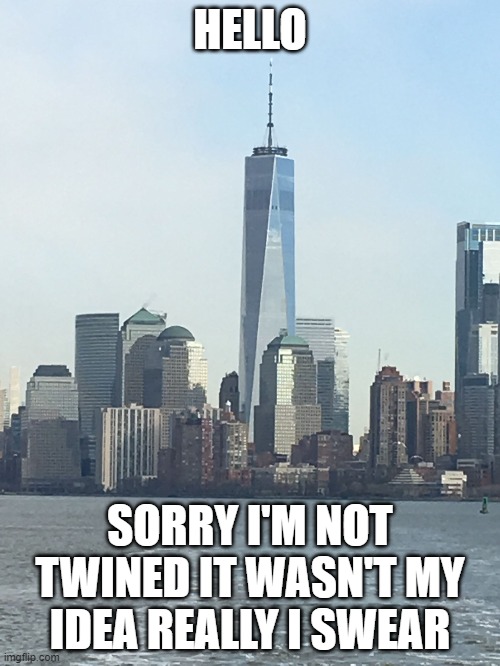 One WTC | HELLO; SORRY I'M NOT TWINED IT WASN'T MY IDEA REALLY I SWEAR | image tagged in one wtc | made w/ Imgflip meme maker