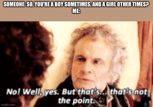 But that's not the point | SOMEONE: SO, YOU’RE A BOY SOMETIMES, AND A GIRL OTHER TIMES?
ME: | image tagged in but that's not the point | made w/ Imgflip meme maker