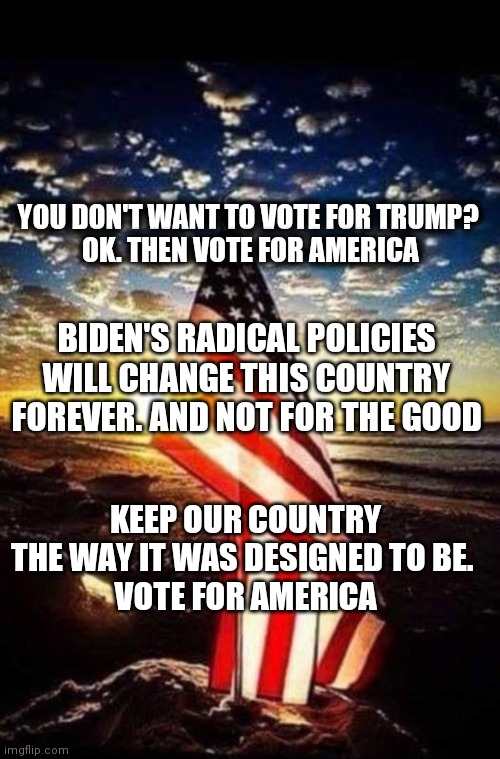 America | YOU DON'T WANT TO VOTE FOR TRUMP? 
OK. THEN VOTE FOR AMERICA; BIDEN'S RADICAL POLICIES WILL CHANGE THIS COUNTRY FOREVER. AND NOT FOR THE GOOD; KEEP OUR COUNTRY THE WAY IT WAS DESIGNED TO BE. 
VOTE FOR AMERICA | image tagged in america | made w/ Imgflip meme maker