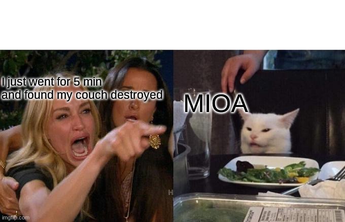 Cat destroyes  couch | I just went for 5 min and found my couch destroyed; MIOA | image tagged in memes,woman yelling at cat | made w/ Imgflip meme maker
