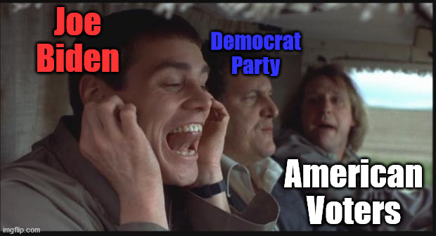 La La La, not listening and just being ignored by the Democrat Party leaders. | Joe Biden; Democrat Party; American Voters | image tagged in dumb and dumber la la la,democrats,joe biden,not listening | made w/ Imgflip meme maker