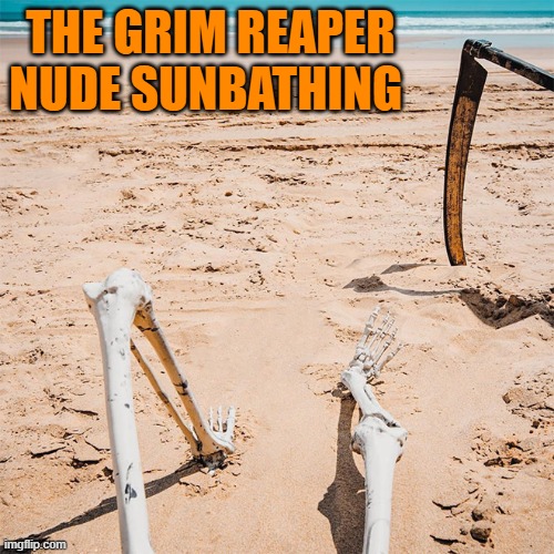 grim reaper on vacation | THE GRIM REAPER NUDE SUNBATHING | image tagged in grim reaper | made w/ Imgflip meme maker