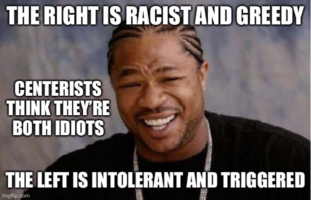 Centerists on the left and right | THE RIGHT IS RACIST AND GREEDY; CENTERISTS THINK THEY’RE BOTH IDIOTS; THE LEFT IS INTOLERANT AND TRIGGERED | image tagged in memes,yo dawg heard you,centerism,scumbag republicans,democrats | made w/ Imgflip meme maker