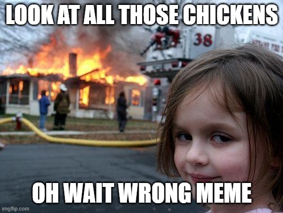 Disaster Girl | LOOK AT ALL THOSE CHICKENS; OH WAIT WRONG MEME | image tagged in memes,disaster girl | made w/ Imgflip meme maker