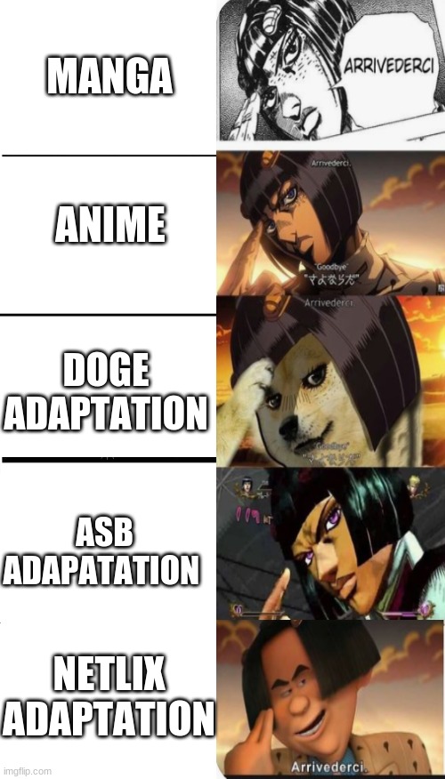 Jojo's Bizarre Adventure | MANGA; ANIME; DOGE ADAPTATION; ASB ADAPATATION; NETLIX ADAPTATION | image tagged in memes,jojo's bizarre adventure,doge,netflix adaptation,anime,asb | made w/ Imgflip meme maker