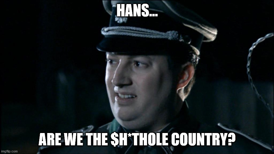 Are we the baddies? | HANS... ARE WE THE $H*THOLE COUNTRY? | image tagged in are we the baddies,politics,shithole | made w/ Imgflip meme maker