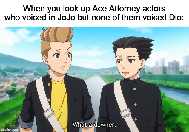 We were on the verge of greatness, we were this close. | When you look up Ace Attorney actors who voiced in JoJo but none of them voiced Dio: | image tagged in what a downer,ace attorney,jojo's bizarre adventure | made w/ Imgflip meme maker