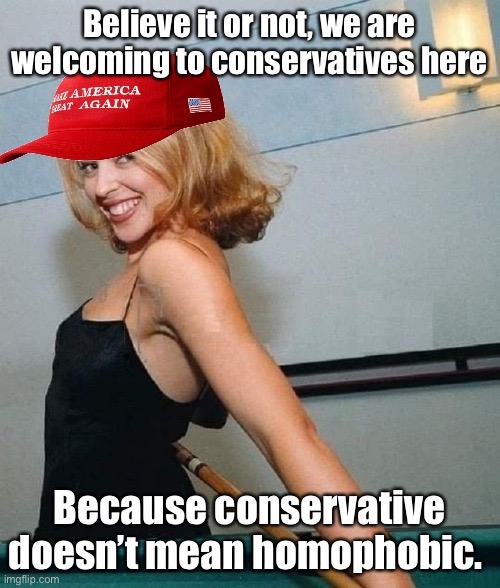 We accept our conservative and Christian brothers and sisters, as long as they accept us. | Believe it or not, we are welcoming to conservatives here; Because conservative doesn’t mean homophobic. | image tagged in maga kylie,conservative,christian,acceptance,tolerance,respect | made w/ Imgflip meme maker
