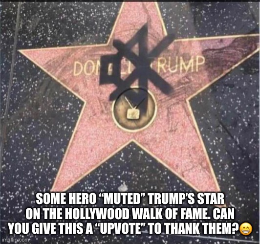 A ‘Mute Button' for Donald Trump | SOME HERO “MUTED” TRUMP’S STAR ON THE HOLLYWOOD WALK OF FAME. CAN YOU GIVE THIS A “UPVOTE” TO THANK THEM?😁 | image tagged in donald trump,presidential debate,clown,political humor,deplorable donald,moron | made w/ Imgflip meme maker