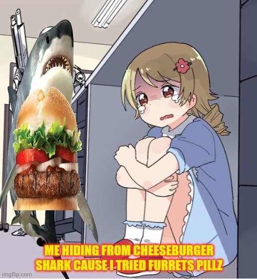After I took some bad pillz | ME HIDING FROM CHEESEBURGER SHARK CAUSE I TRIED FURRETS PILLZ | image tagged in anime girl hiding from terminator,cheeseburger,shark,pills | made w/ Imgflip meme maker