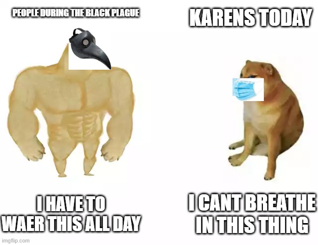 idc that this has already been done before but Im gonna show it to my closest friends | KARENS TODAY; PEOPLE DURING THE BLACK PLAGUE; I HAVE TO WAER THIS ALL DAY; I CANT BREATHE IN THIS THING | image tagged in buff doge vs cheems | made w/ Imgflip meme maker