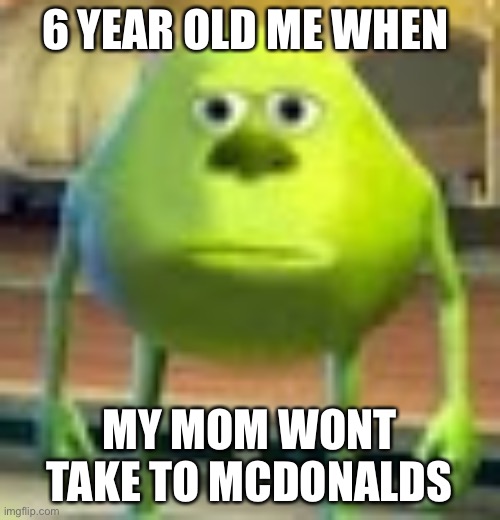 Sully Wazowski | 6 YEAR OLD ME WHEN; MY MOM WONT TAKE TO MCDONALDS | image tagged in sully wazowski | made w/ Imgflip meme maker