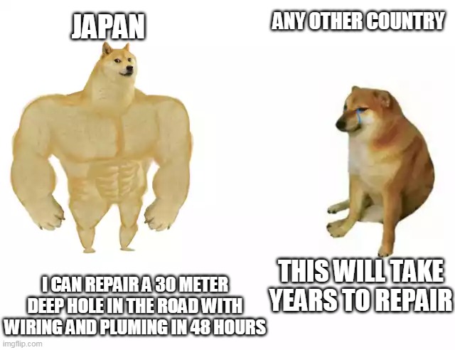 japan is good at working |  ANY OTHER COUNTRY; JAPAN; THIS WILL TAKE YEARS TO REPAIR; I CAN REPAIR A 30 METER DEEP HOLE IN THE ROAD WITH WIRING AND PLUMING IN 48 HOURS | image tagged in buff doge vs cheems | made w/ Imgflip meme maker