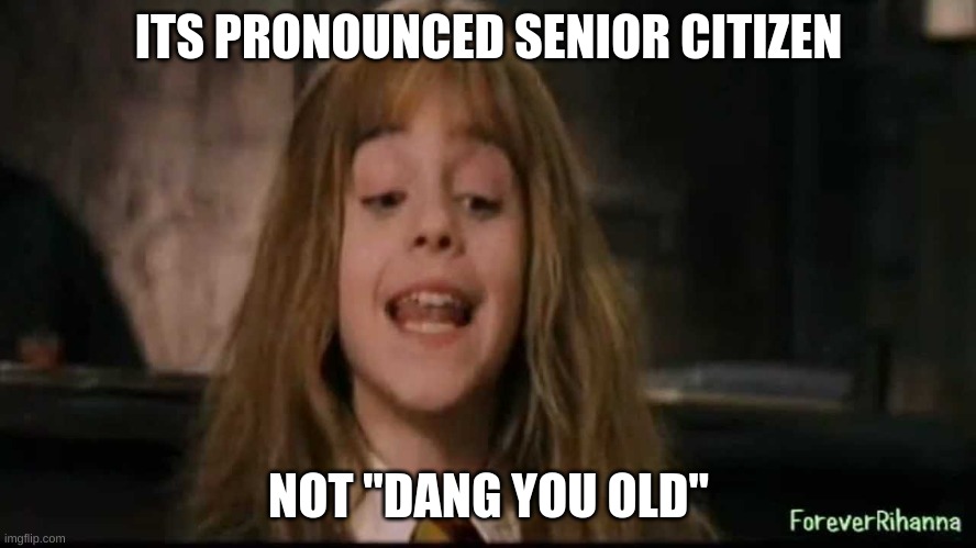 hermione | ITS PRONOUNCED SENIOR CITIZEN; NOT "DANG YOU OLD" | image tagged in hermione | made w/ Imgflip meme maker