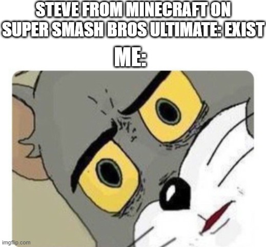 my reaction of Steve from minecraft on super smash bros ultimate be like: | STEVE FROM MINECRAFT ON SUPER SMASH BROS ULTIMATE: EXIST; ME: | image tagged in shocked tom,minecraft,super smash bros | made w/ Imgflip meme maker