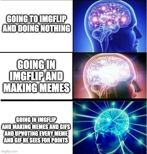 Going to Imgflip.com | GOING TO IMGFLIP AND DOING NOTHING; GOING IN IMGFLIP AND MAKING MEMES; GOING IN IMGFLIP AND MAKING MEMES AND GIFS AND UPVOTING EVERY MEME AND GIF HE SEES FOR POINTS | image tagged in expanding brain 3 panels | made w/ Imgflip meme maker